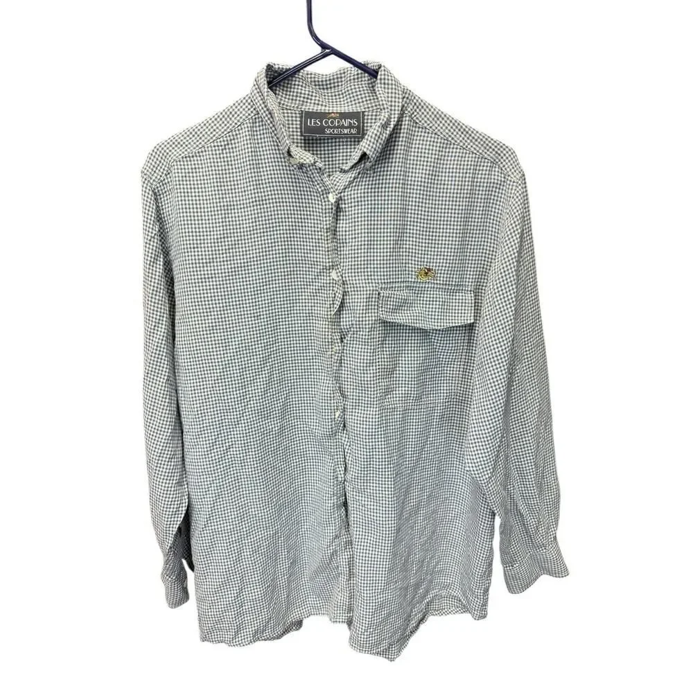 Les Copains Sportswear Gingham Check Long Sleeve Silk Shirt Men’s M Blue White